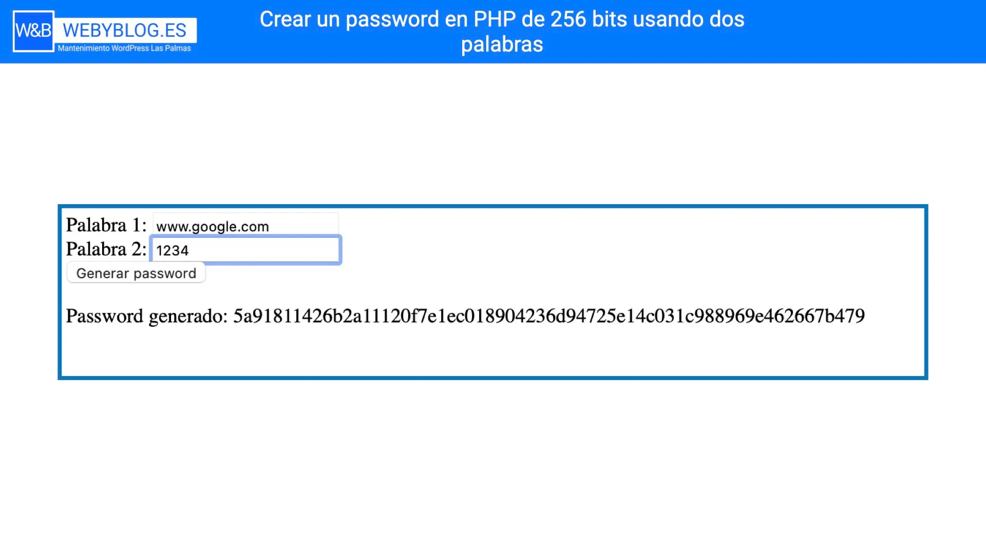 Crear un password en PHP de 256 bits usando dos palabras