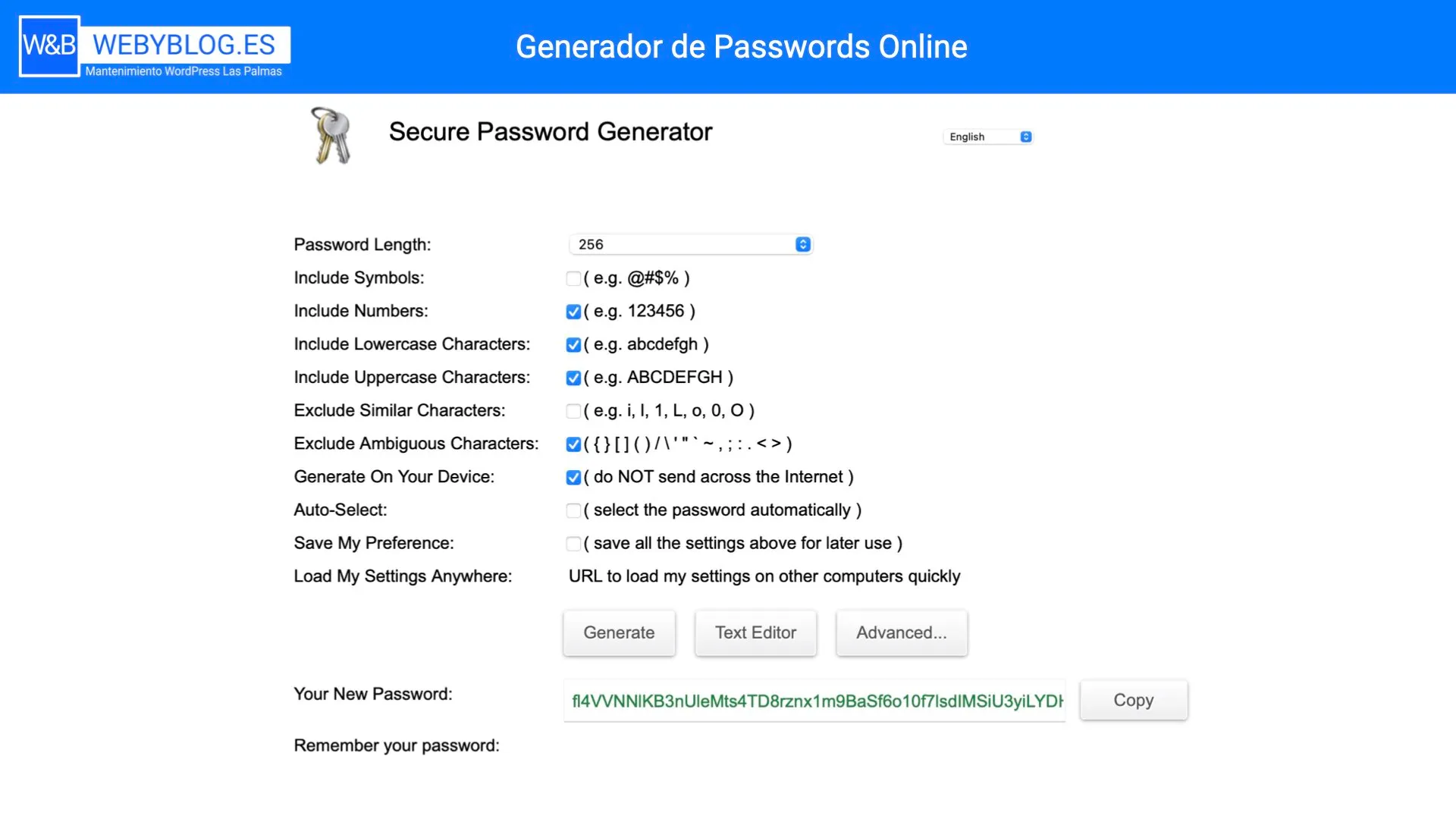 Generador de Password online para las cookies de WordPress