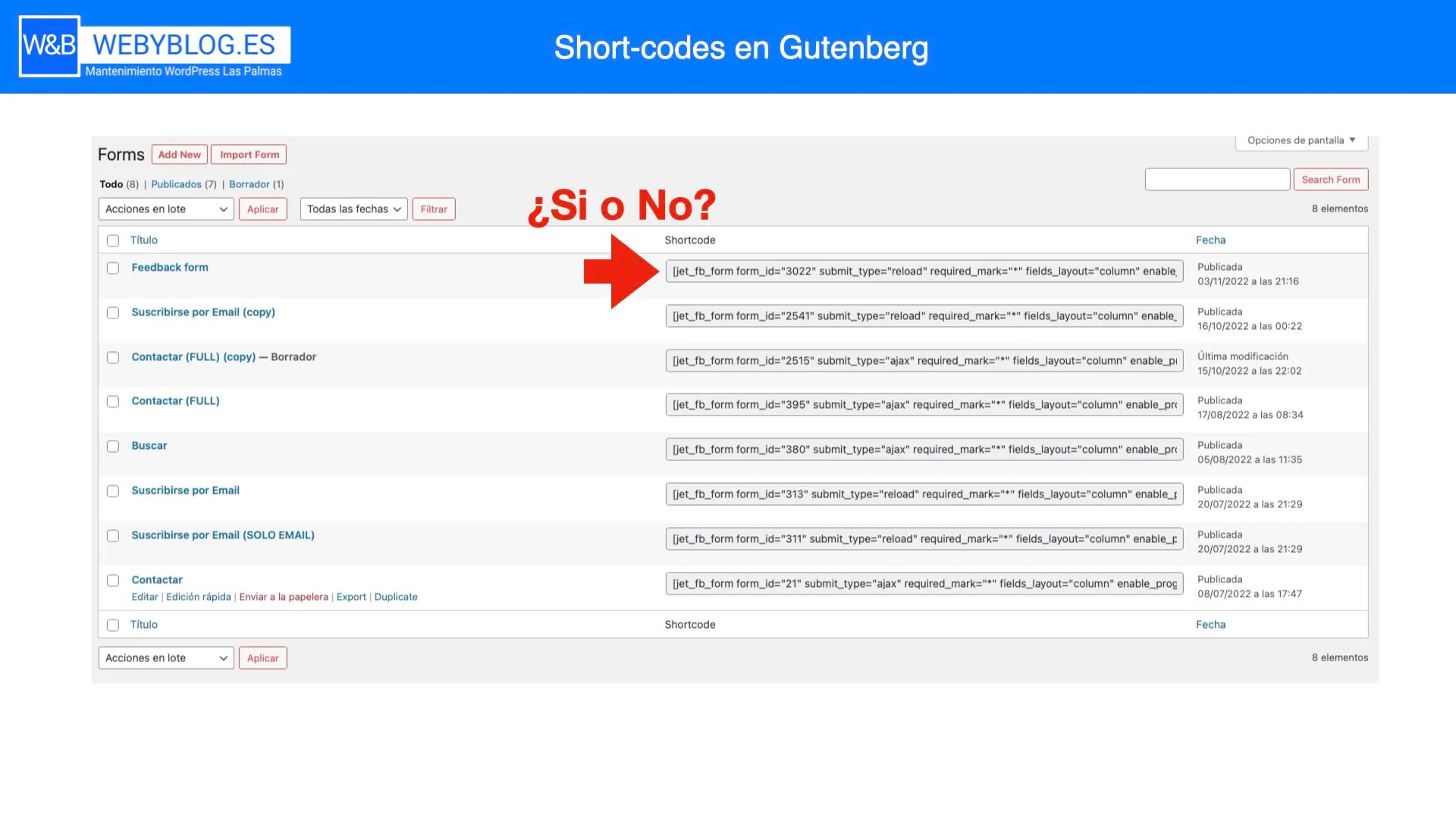 Errores al usar shortcodes en Gutenberg o Elementor